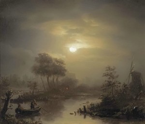 A moonlit river landscape, with a town in the distance